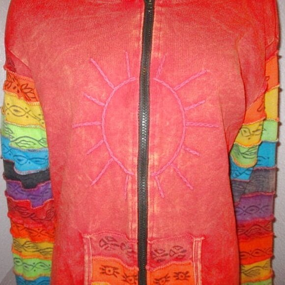 Rising SUNBURST Rainbow Size 2X HOODIE Full Zip SLASHED Jacket HIPPIE Boho ARTSY - Picture 2 of 11